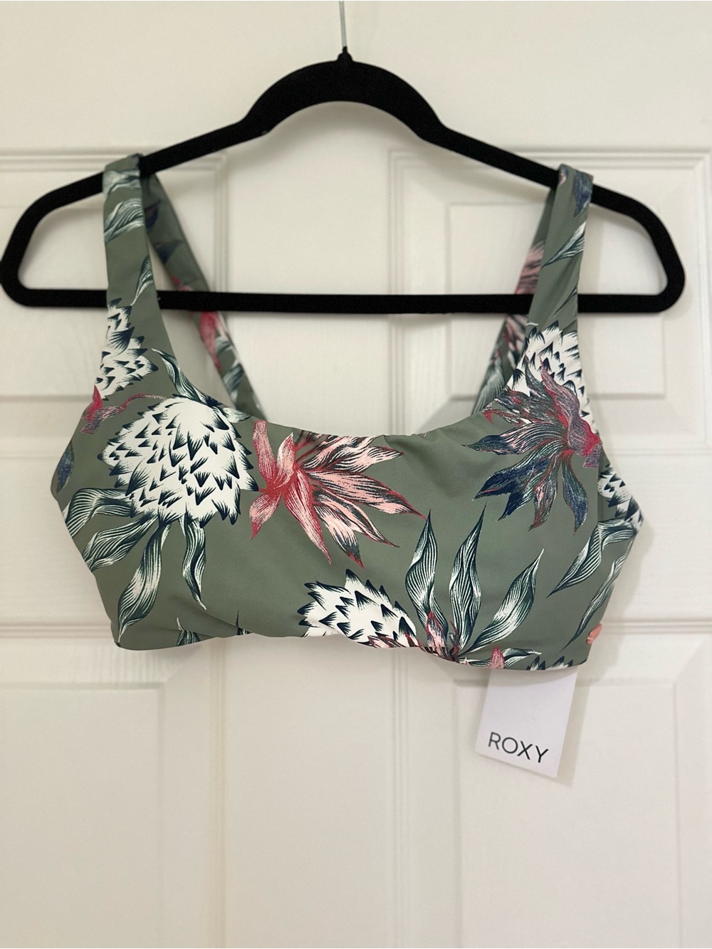 Roxy Little Bandits Bra Bikini Top Olive Green Tropical Floral NWT Sz L $45 MSRP